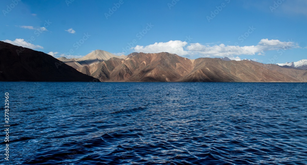 Panoramic view of the Pangong tso lake at Ladakh, India. It is considered as the highest salt water lake in the world with an altitude of 13,940 feets.