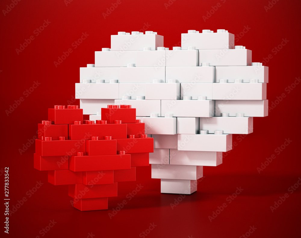 Fototapeta premium Red and white building blocks forming big and small heart shapes. 3D illustration