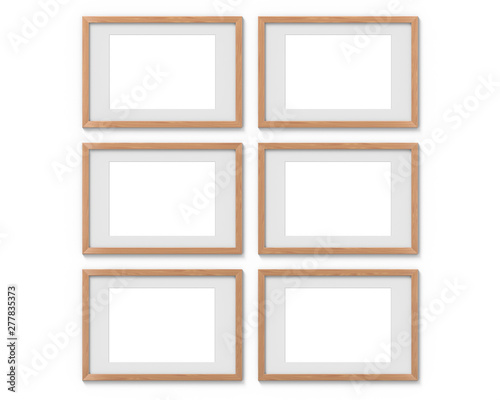 Set of 6 horizontal wooden frames mockup with a border hanging on the wall. Empty base for picture or text. 3D rendering.