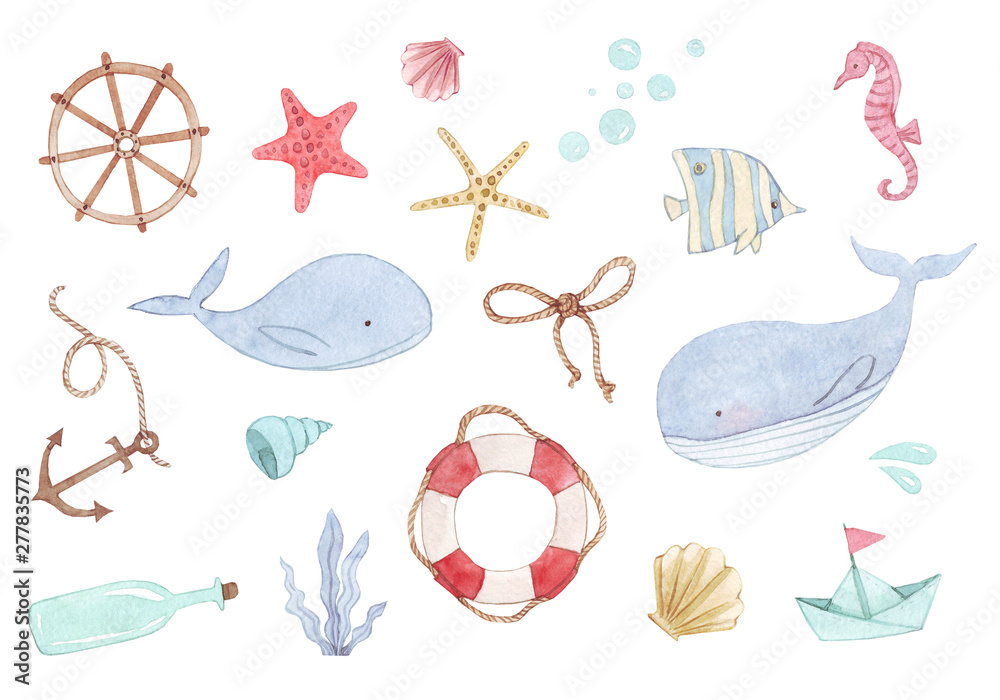 Nautical watercolor set. Ocean creature with cute whale,lighthouse,reef fishe,seahorse and bow. Perfect for invitations, party decorations,printable, craft project, greeting cards