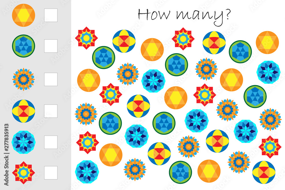 How many counting game with mandalas for kids, educational maths task for the development of logical thinking, preschool worksheet activity, count and write the result, vector illustration How many counting game with mandalas for kids, educational maths task for the development of logical thinking, preschool worksheet activity, count and write the result, vector illustration