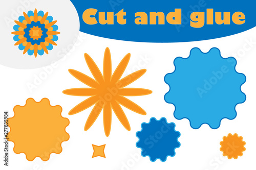 Mandala in cartoon style, education game for the development of preschool children, use scissors and glue to create the applique, cut parts of the image and glue on the paper, vector illustration