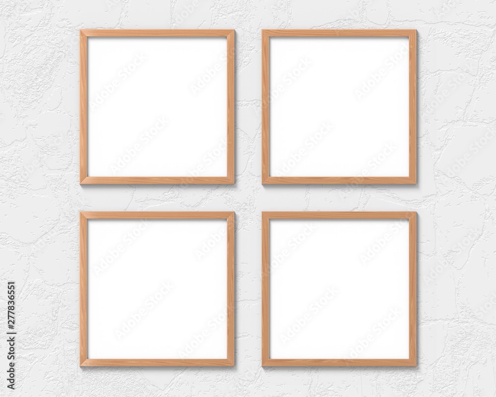 Fototapeta premium Set of 4 square wooden frames mockup hanging on the wall. Empty base for picture or text. 3D rendering.