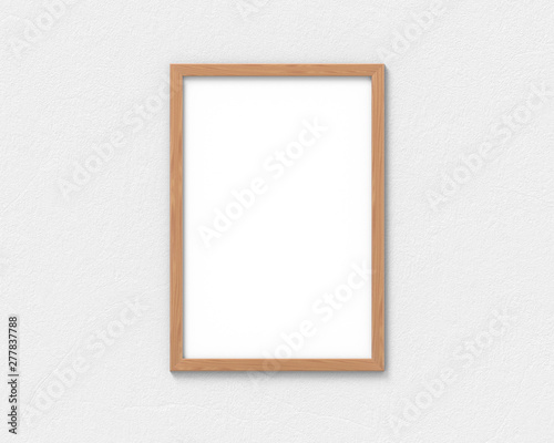 Vertical wooden frames mockup with a border hanging on the wall. Empty base for picture or text. 3D rendering.