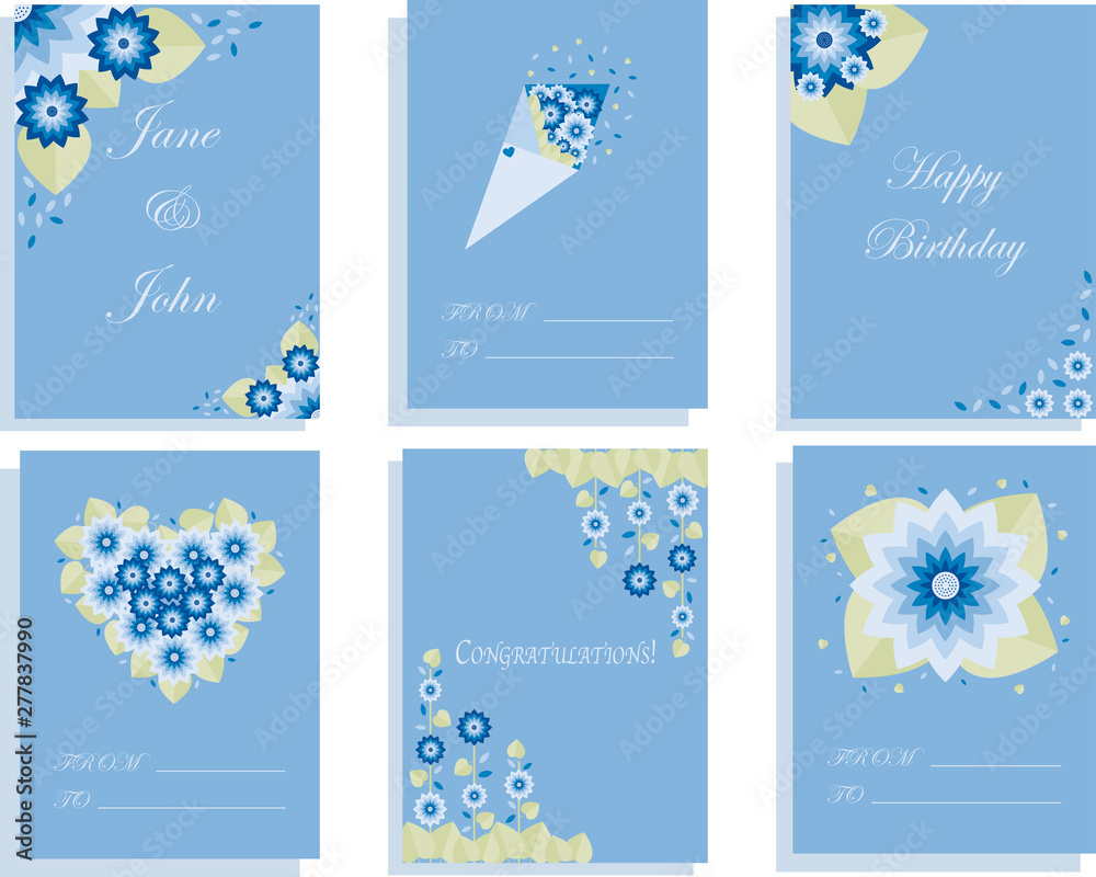 Set of greeting and postal card templates in floral design.