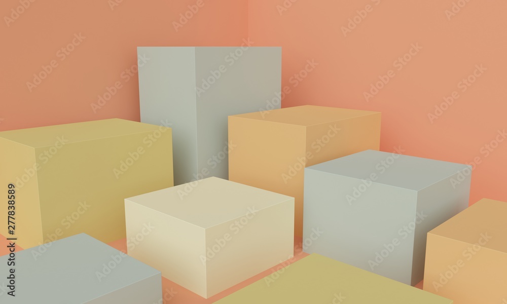 Fototapeta premium Geometric orange abstract background with colored cubes platforms. 3d rendering