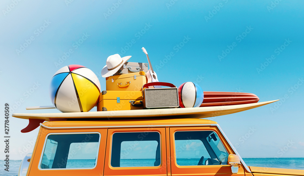 Big retro car SUV with baggage, luggage and beach equipment on the roof, fully  packed, ready for summer vacation, concept of a road trip with family and  friends, 3d rendering Stock Photo