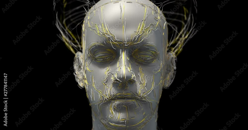Advanced Robot Head With Cables Around His Head Slowly Moving Forward - Technology Related 3D 4K Animation Concept Advanced Robot Head With Cables Around His Head Slowly Moving Forward - Technology Related 3D 4K Animation Concept