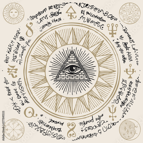 Vector banner with Eye of Providence. All-seeing eye inside triangle pyramid. Symbol Omniscience. Luminous Delta. Ancient mystical sacral illuminati symbol with magical inscriptions on beige backdrop