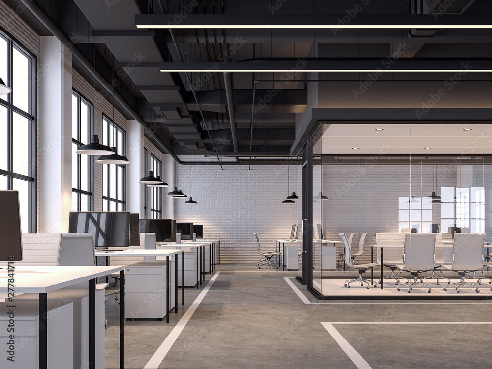 Modern loft style office 3d render.There are white brick walls, polished concrete floors and black ceilings with piping systems. decorated with white furniture,  - obrazy, fototapety, plakaty 
