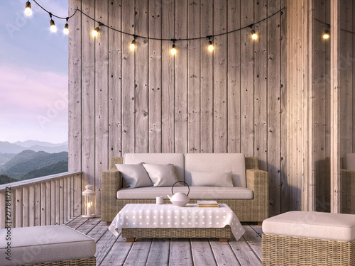 Billede på lærred Wooden balcony with mountain view 3d render, The floor and walls are old wood, decorated with fabric and rattan furniture