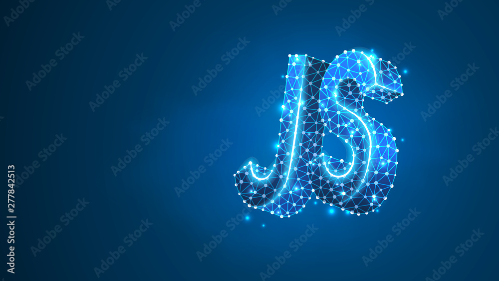 Java Script coding language text. Device, programming, developing concept. Abstract, digital, wireframe, low poly mesh, vector blue neon 3d illustration. Triangle, line, dot