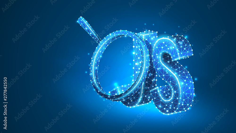 Naklejka premium Magnifying glass on Java Script coding language sign. Programming analysis, developing concept. Abstract, digital, wireframe, low poly mesh, vector blue neon 3d illustration. Triangle line dot