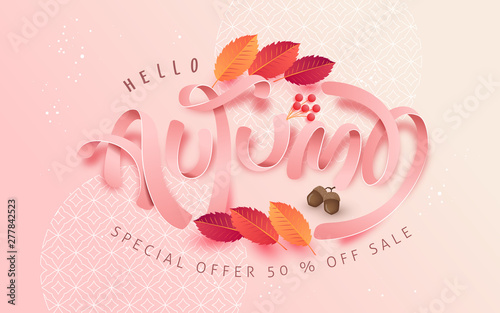 Autumn leaves background. Seasonal lettering.vector illustration.Promotion sale banner of autumn season.