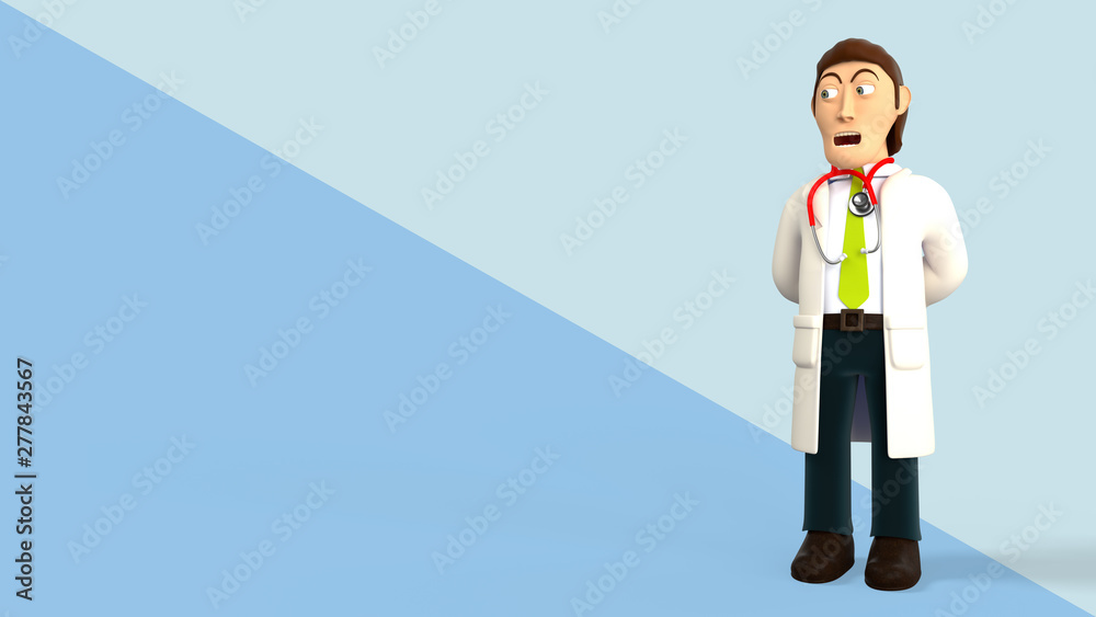 Cartoon 3d doctor with a stethoscope making a surprised face on a blue diagonal splitted background 3d rendering Cartoon 3d doctor with a stethoscope making a surprised face on a blue diagonal splitted background 3d rendering