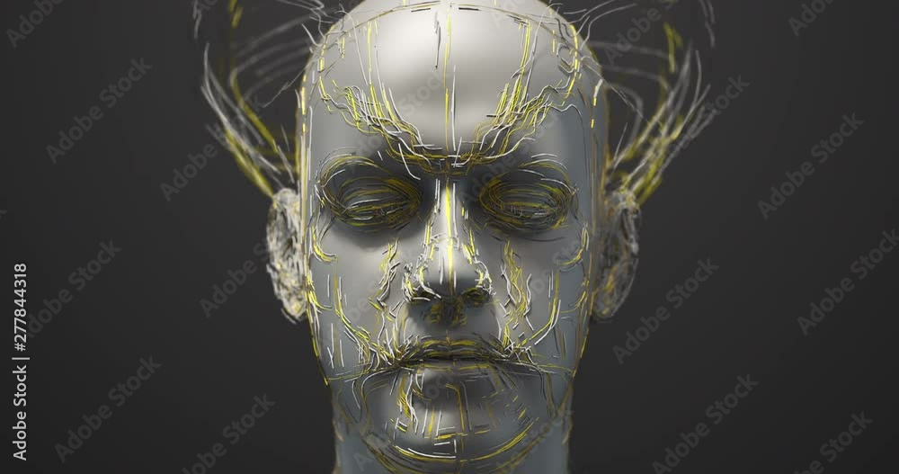 Advanced Robot Head With Cables Around His Head Slowly Moving Forward - Technology Related 3D 4K Animation Concept Advanced Robot Head With Cables Around His Head Slowly Moving Forward - Technology Related 3D 4K Animation Concept