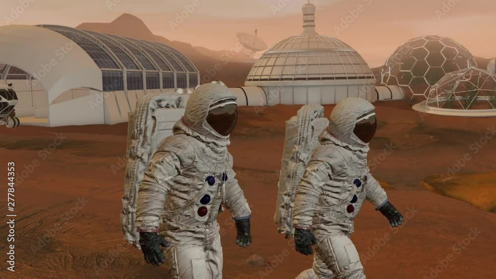 Colony on Mars. Two Astronauts Walking On The Surface Of Mars. Exploring Mission To Mars. Futuristic Colonization and Space Exploration Concept.
