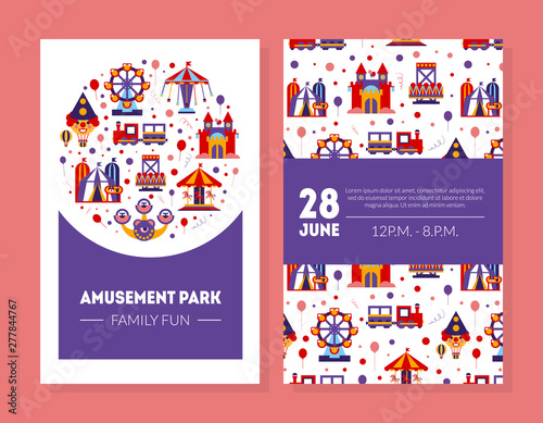 Amusement Park Family Fun Card, Summer Fair Poster Template with Decorative Park Attractions Vector Illustration