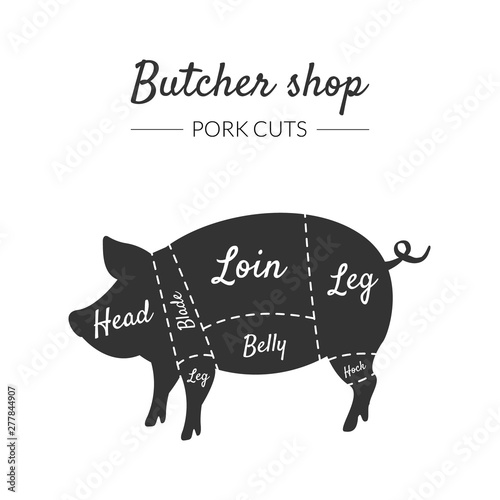 Butcher Shop Label, Pork Cuts, Farm Animal with Meat Cuts Lines, Vintage Black and White Vector Illustration