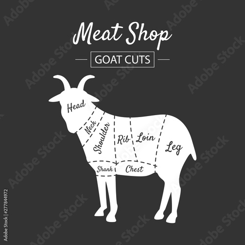 Meat Shop Label, Goat Cuts, Butchers Guide, Farm Animal with Meat Cuts Lines, Vintage Black and White Vector Illustration