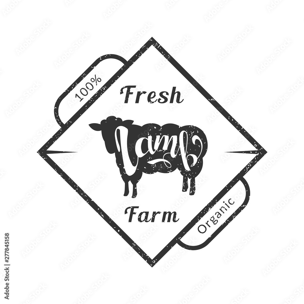 Organic Fresh Farm Meat, Premium Quality Retro Logo Template, Badge with Lamb for Butchery, Meat Shop, Packaging or Advertising Vector Illustration