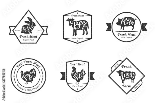 Organic Fresh Meat, Premium Quality Retro Cattle Logo Templates Set, Badges for Butchery, Meat Shop, Packaging or Advertising Vector Illustration
