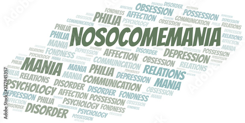 Nosocomemania word cloud. Type of mania, made with text only.