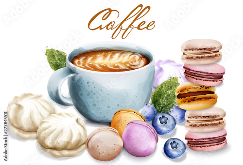 Coffee cup with sweets Vector watercolor. Macaroons and meringues. Breakfast ...