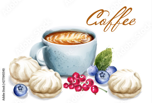 Coffee cup with meringues Vector watercolor. Breakfast desserts. Vintage styl...