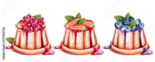 Panna cotta dessert with fruits Vector watercolor. Summer desserts vintage styled