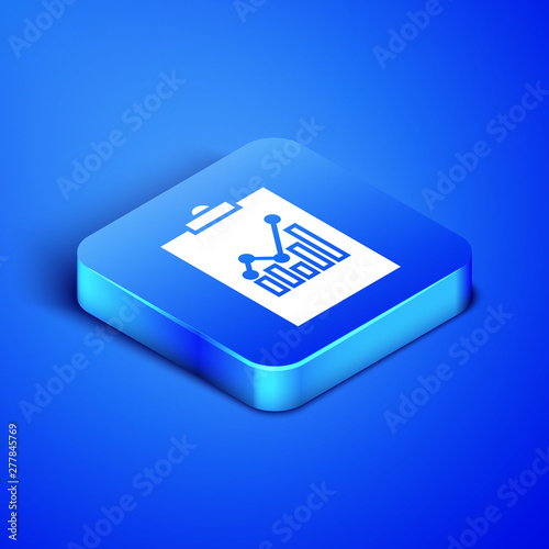 Isometric Clipboard with graph chart icon isolated on blue background. Report text file icon. Accounting sign. Audit, analysis, planning. Blue square button. Vector Illustration
