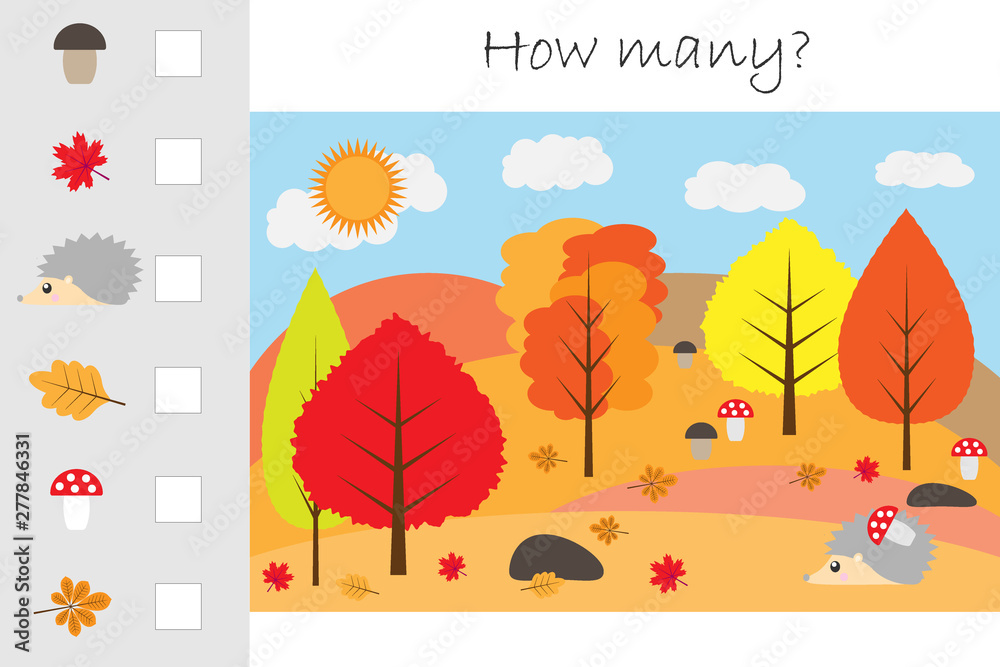 How many counting game, autumn forest for kids, educational maths task for the development of logical thinking, preschool worksheet activity, count and write the result, vector illustration