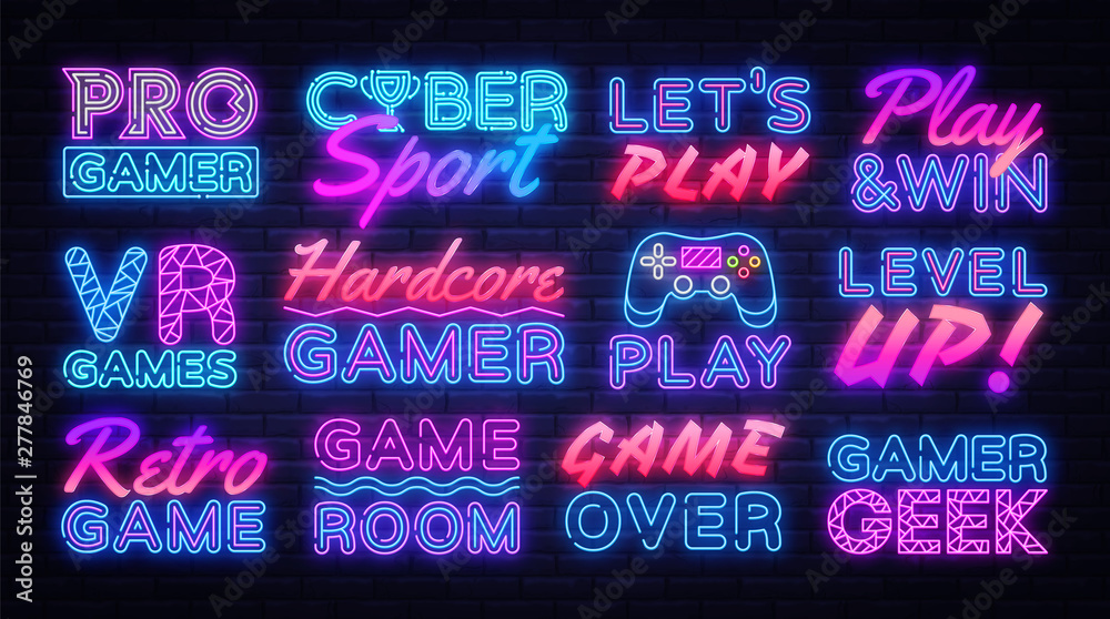 Gaming neon signs set design template. Big Collection Game Signs neon,  light banner design element colorful modern design trend, night bright  advertising, bright sign. Vector illustration Stock Vector