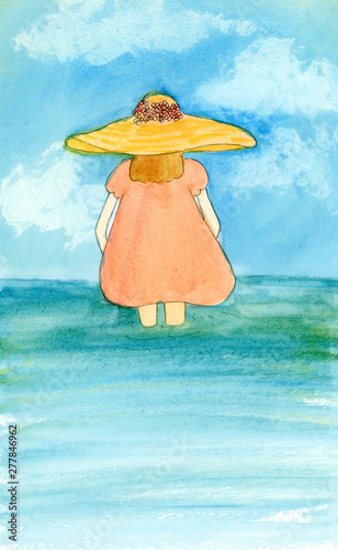 girl in the sea.summer watercolor illustration