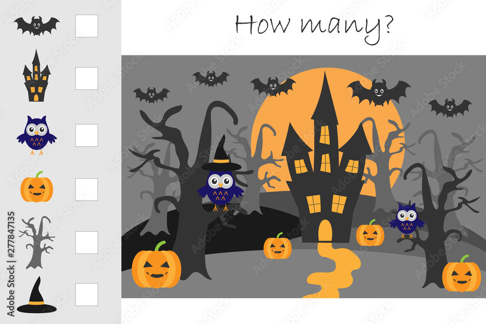 How many counting game, halloween for kids, educational maths task for the development of logical thinking, preschool worksheet activity, count and write the result, vector illustration