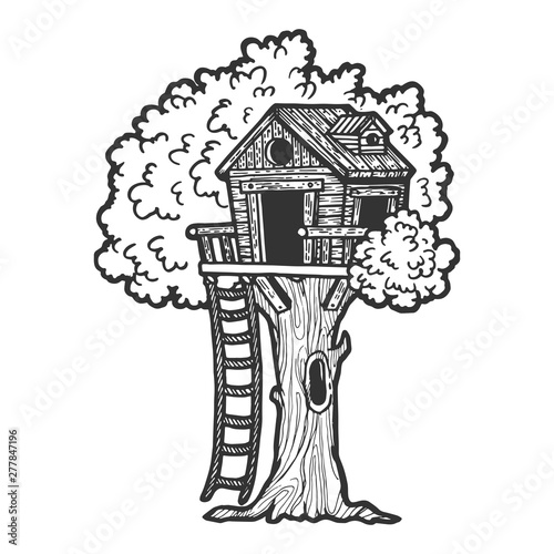 Tree house for children sketch engraving vector illustration. Scratch board style imitation. Black and white hand drawn image.