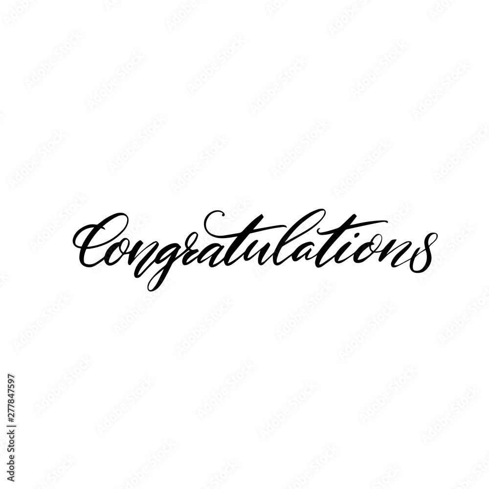 Congratulations banner. Modern calligraphy word for greeting card. Black text isolated on white background.