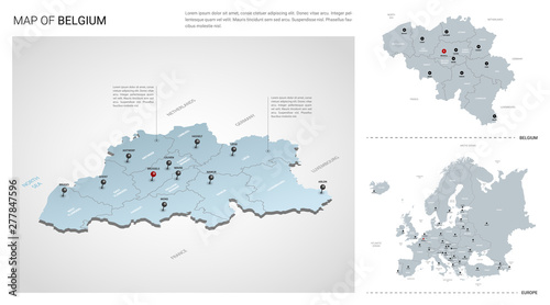 Vector set of Belgium country.  Isometric 3d map, Belgium map, Europe map - with region, state names and city names.