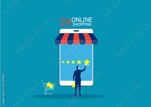  Businesswoman holding a gold star in hand, to give five. on shopping online 