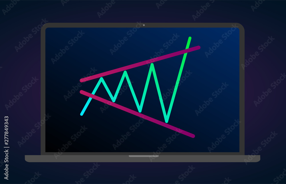 Bullish Expanding Triangle pattern figure technical laptop analysis. Vector stock and cryptocurrency exchange graph, forex analytics and trading market chart flat vector icon.