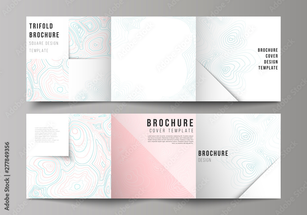 The minimal vector editable layout of square format covers design templates for trifold brochure, flyer, magazine. Topographic contour map, abstract monochrome background. The minimal vector editable layout of square format covers design templates for trifold brochure, flyer, magazine. Topographic contour map, abstract monochrome background.