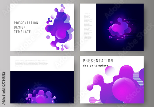 The minimalistic abstract vector illustration of the editable layout of the presentation slides design business templates. Black background with fluid gradient, liquid blue colored geometric element.