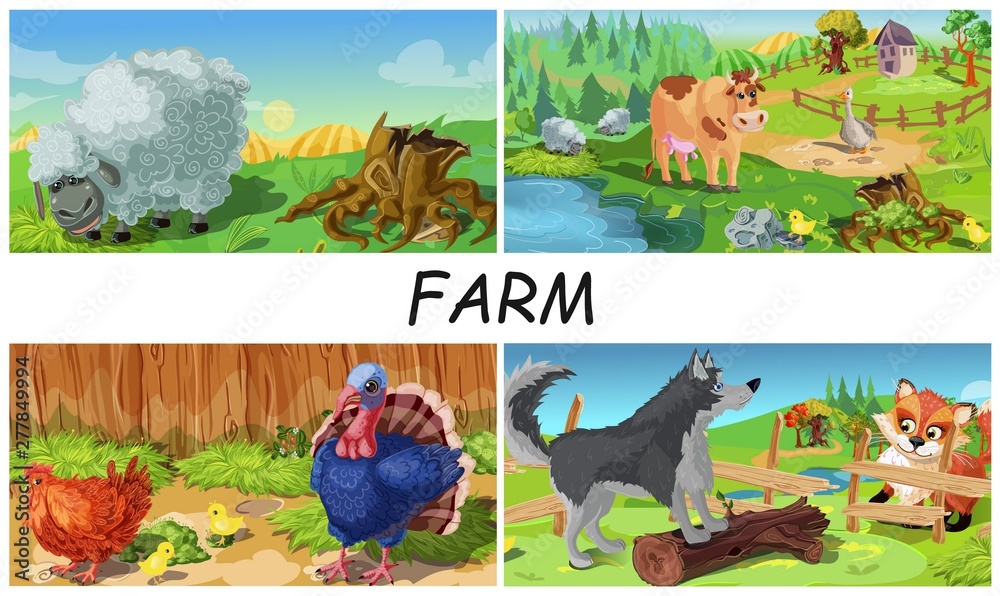 Obraz premium Colorful Farm Animals Concept
