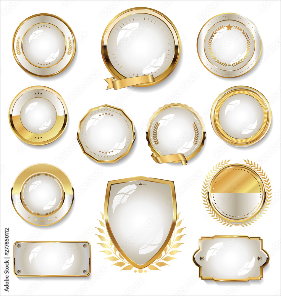 Collection of gold and white badge and labels Collection of gold and white badge and labels
