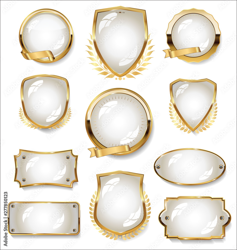 Collection of gold and white badge and labels Collection of gold and white badge and labels