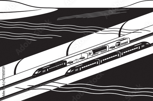 Underwater railway tunnel  with freight and passenger trains - vector illustration
