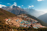 The village of Namche bazar. Nepal. Everest Base Camp Trek. View of the Himalayan valley.