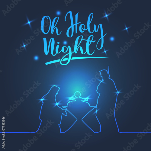 Line drawing, Birth of Christ, Silhouette of Mary, Joseph and Jesus, Vector