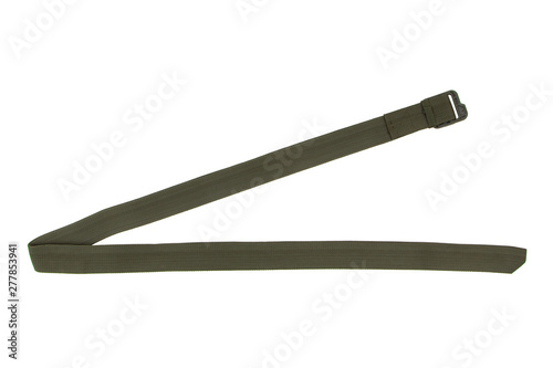 Green nylon fastening belt, strap isolated on white background.