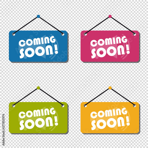 Coming Soon Hanging Sign Set - Vector Illustration - Isolated On Transparent Background